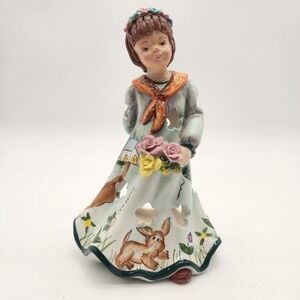 Hand Painted By Innan Ceramic Girl Figurine Candle Holder Bunny Flowers Folk Art